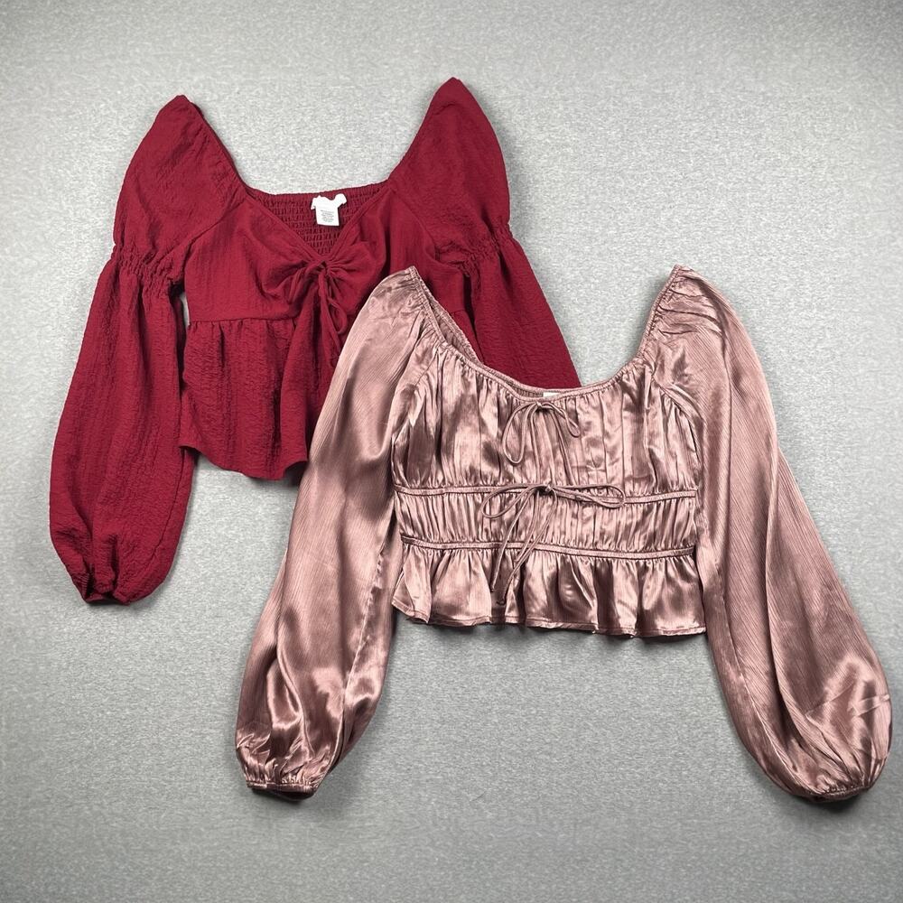Lot of 2 Nordstrom Peplum Ruffle Tops Size M Burgundy Red Pink Satin Long Sleeve
